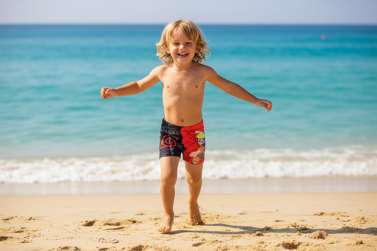 Enfant avec maillot Naruto sur la plage